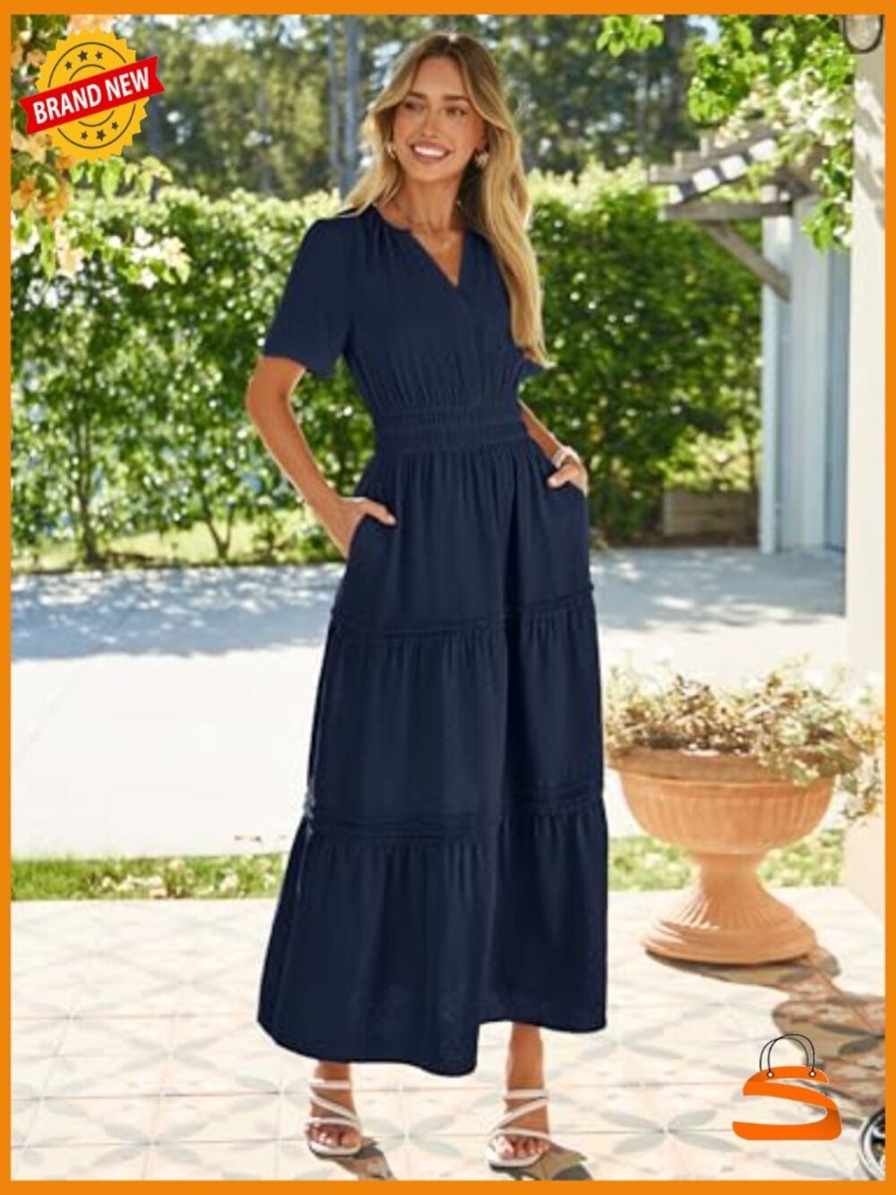 Summer Maxi Dress V-Neck Short Sleeve Elastic Waist Flowy Beach Long Dresses - Picture 5 of 7
